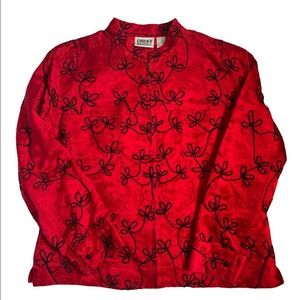 Chico’s Design | Christmas Red Black Asian Nehru Collar Silk Jacket size M
